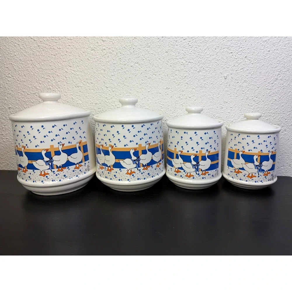 Vintage Happy Duck Country Geese Ceramic Canister Set of 4 Blue Ribbon Farmhouse